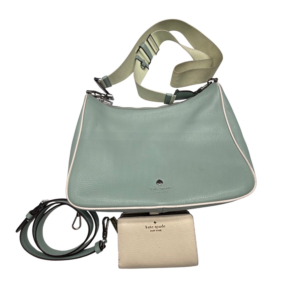 Kate Spade New York Mint Green Pebbled Leather Shoulder Bag Wallet 2 Straps